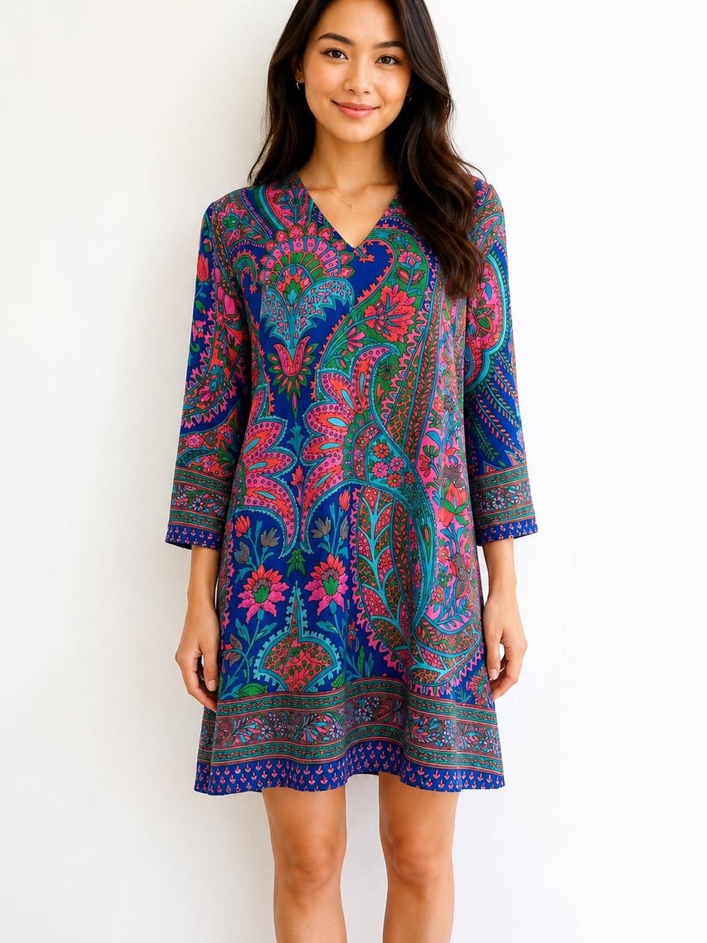 Paisley V-Neck Tunic Top - Blue & Pink